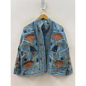 เสื้อแจ็คเก็ต Autumn Garden of Dusk ปักมือลาย Suzani ผ้ากำมะหยี่สีน้ำเงินสเลทแบบซักได้ - Product Image 1