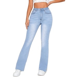 Jean en denim coupe bootcut taille haute bleu glace style rétro moderne, délavage clair, respirant, tendance, tailles 26 à 40 - Product Image 1