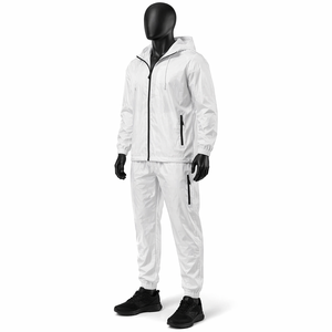 <b>Men</b>’s <b>White</b> Hooded Windbreaker Tracksuit Set Lightweight Waterproof Full Zip <b>Jacket</b> Jogger Pants Custom Logo OEM - Product Image 3