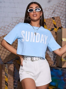 Tops cortos con logotipo personalizado para mujer, camisetas informales de manga corta de algodón 2023, novedad de verano de 100% - Product Image 6