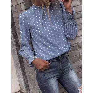 Blusa de Mujer con Estampado de Puntos, Cuello Alto Bordado, Mangas Abullonadas con Volantes, Holgada, de Viscosa y Chifón, para Oficina o Fiesta, Talla XL, Primavera - Product Image 1