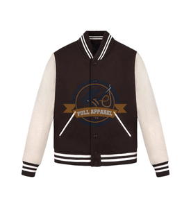 Haute Varsity Baseball Letterman Bomber Veste Col Montant Marron Laine Premium Laine En Cuir Véritable Manches École Collège Style - Product Image 1