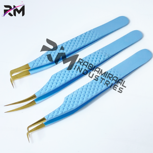 Pinzas para Extensión de Pestañas RMI de Alta Calidad con Punta de Plasma Dorada y Recubrimiento en Polvo Azul Cielo, Juego de Pinzas de Acero Inoxidable con Agarre de Diamante - Product Image 6