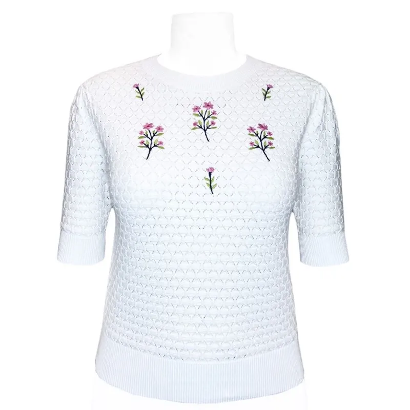 SS24 Women's Custom Pointelle Knit Crew Neck Cotton Pullover with Flower Embroidery Sweater
