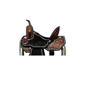 Sillín sin árboles occidental de diseñador Premium, cuero DD de color negro con parche de cuero con herramientas florales, asiento acolchado, tachuela para montar a caballo - Product Image 3