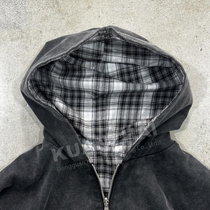 Personalizado lavado ácido bordado 100% algodón francés Terry Zip up chaqueta a rayas franela doble capa Reversible Plaid Sudadera con capucha - Product Image 4