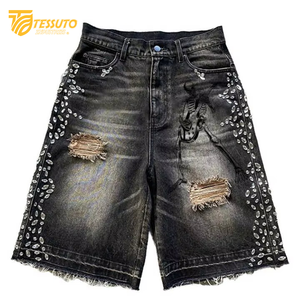 Custom <b>Men's</b> Summer Cotton French Terry Jogger Shorts Distressed Puff Print Embroidery Rhinestone Mid Waist Acid Wash Denim Cute - Product Image 5