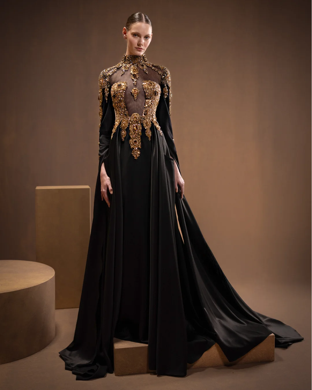 black and gold wedding guest dress Elegant One-Shoulder Evening Gown Dresses with Cape Package Contents Black Gold Tulle Long Mother