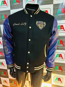 Vestes Letterman pour hommes avec corps en laine Manches en cuir synthétique Col montant Boutons en acier Brodés Baseball Football Design - Product Image 4