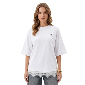 Oversized <b>White</b> Lace Hem Layered <b>Tee</b> Women's Shirts Loose Drop Shoulder Short Sleeve Cotton T-Shirt Crewneck Casual Blouses ODM - Product Image 1