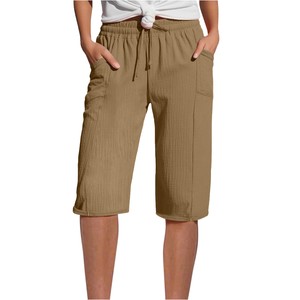 Pantalones cortos de lino ligeros de verano para mujer 2025 Pantalones cortos plisados de cintura alta informales de color sólido con cintura elástica y cordón - Product Image 3