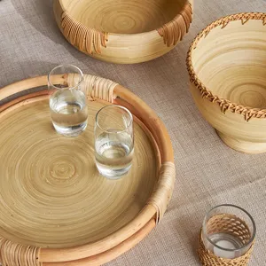 Bol de service artisanal en bambou et en rotin, bol rond fait à la main en bambou et en rotin pour la vaisselle - Product Image 4