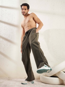 Pantalones de chándal de corte bootcut de forro polar caqui 100% algodón, de cintura alta, estilo jogging, con cierre de botón y bolsillos laterales dobles, informales, venta al por mayor. - Product Image 4