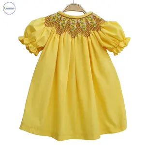 Bela simples vestido estampado amarelo para o bebê de alta qualidade smocked roupas, vestidos de meninas, roupas infantis