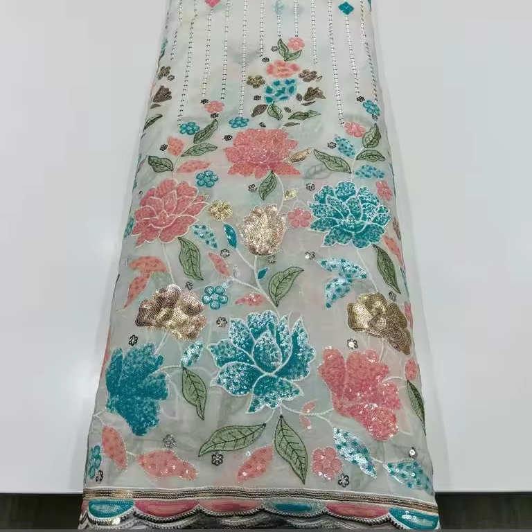 New Elegant Nylon Rayon Sequin Embroidery Fabric for Women Ethnic Garments Factory Fabric Embroidery Laces Flower Lace Fabric