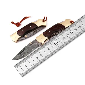 手工锻造传统工艺大马士革钢折叠口袋夹刀日常携带皮套刀