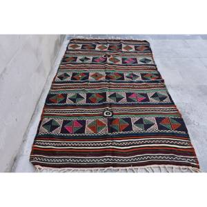 Alfombra turca azul Vintage 4 pies X 7,2 pies Estilo tradicional Diseño de retazos Técnica Tabriz Lana Poliéster Material Respaldo de látex - Product Image 1