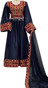 ชุดเดรส/เสื้อผ้าทำมือแบบอัฟกันโคจิ ปักลายเต็มตัว งานฝีมือแบบดั้งเดิมของชาวอัฟกานิสถาน วัฒนธรรมชาวปัชตุน สีดำ สำหรับงานแต่งงาน ขนาดกลาง - Product Image 4