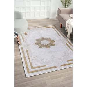 Tapis de sol moderne Elkenz blanc 100 % acrylique Netline 80x150 cm, facile à nettoyer, anti-peluchage, pour chambre à coucher, bureau, chambre d'enfant - Product Image 1