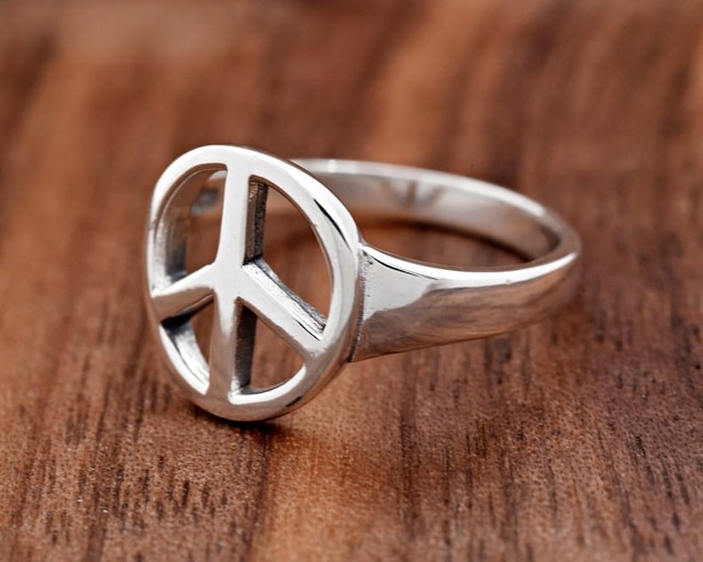 925 Sterling Silver 14K Gold Plated Christian Minimalist Lovers Peace Sign Women's Fine Dainty Band Ring Customizable
