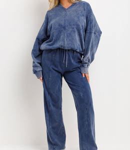 Blouson aviateur délavé à la pierre avec fermeture éclair et joggers ensemble de vêtements de détente bleu femmes 2 pièces tenues 2024 survêtement ensemble survêtements - Product Image 2
