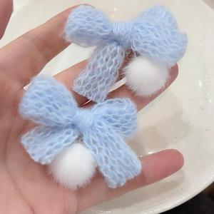 2026New Crochet Girl's Woolen Bow Plush Ball Clip-On <b>Earrings</b> Cute Sweet Electroplated Maillard Design <b>Silver</b> Ear Studs <b>Earrings</b> - Product Image 2