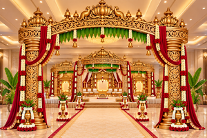 Kalyana Mandapam Tradicional del Sur de la India con Tallado Dorado, Compre un Majestuoso Conjunto de Mandap Dorado de Fibra para Bodas del Sur de la India, Australia - Product Image 3