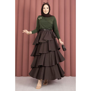 Brown Layered Ruffled Wrap <b>Skirt</b> Comfortable Breathable Spandex & Silk <b>Patchwork</b> Print Formal & Cute Styles for Spring - Product Image 3