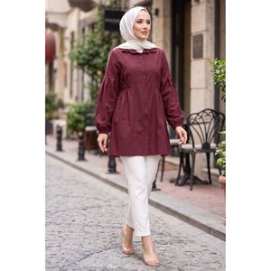 Blusa de Algodón Borgoña para Mujer, Camisa con Volantes, Cuello con Botones Decorativos, Manga Abullonada, Cintura Holgada con Detalle Fruncido, Estilo Casual Occidental - Product Image 1