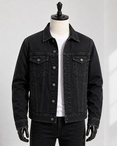 Men's Black Canvas Jacket Regular Fit Mandarin Collar <b>Covered</b> <b>Button</b> Closure Washed Cotton Casual Winter Style Breathable Quick - Product Image 4