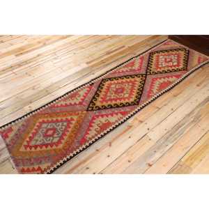 Turkish Vintage <b>Runner</b> Rug 2.9x10.4 ft, <b>Red</b> Orange Solid Wool Rug - Product Image 2