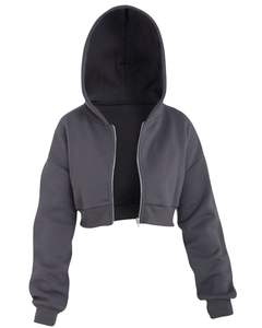 Sudadera Corta con Capucha y Cremallera para Mujer, Color Gris Oscuro, Manga Larga, Informal, con Puños Acanalados, Estilo Urbano, Moda de Invierno - Product Image 1