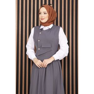 Ensemble 2 pièces en crêpe plissé pour femme de bureau, chemise et gilet gris avec short pour l'hiver, l'été et l'automne - Product Image 2
