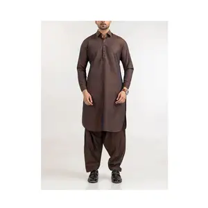 Muslim shalwar kameez summer OEM Custom Kurta Style Turkish Men Shirts brown Cotton Long Sleeve Kurta Sets For Men