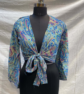 Top corto de seda para mujer, estilo cruzado corto, diseño de corbata frontal, tela suave, ligera y transpirable para trajes informales de verano, ropa de noche - Product Image 3