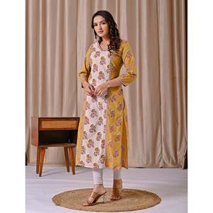 Kurti Amarillo de Algodón con Estampado Butta Block, Corte Recto, Ropa Regional - Product Image 6