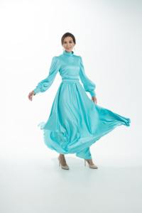 ชุดเดรสสไตล์อิสลามสำหรับผู้หญิง,ชุดอาบายาทรงสลิมฟิตสีฟ้ามีผ้าทอแบบเรียบง่ายสำหรับผู้หญิง - Product Image 4