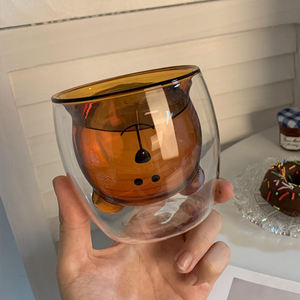 Taza de cristal de oso invertido de dibujos animados, taza de café expreso transparente marrón, tazas de café con leche de té de doble pared con pajita - Product Image 5