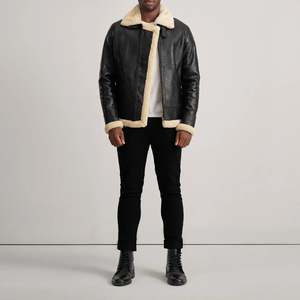 Blouson aviateur réversible en peau de mouton et cuir véritable Francis B-3 noir et crème, taille XS, fermeture éclair, hiver - Product Image 3