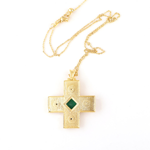 Trendy jewelry green onyx with <b>black</b> cz <b>cross</b> pendant <b>necklace</b> 18k gold plated texture brass metal statement <b>necklace</b> for women - Product Image 6
