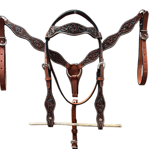 Ensemble de harnais en cuir repoussé Western, motif floral et pois turquoise, avec têtière et collier de poitrail, durable et réglable, pour équitation, tailles Full/Cob/Indian Origin - Product Image 2