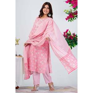 Conjunto de Kurta de Algodón Estampado Rosa Elegante para Mujer con Dupatta, Estilo Pakistaní, Ropa Étnica para Uso Diario y Festivo, Look Salwar - Product Image 6