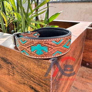 Hand Tooled Leather Dog Collar Turquoise Eagle Tooling Genuine Cow Leather Small Medium Large Durable Comfortable Dog Collars - Product Image 1