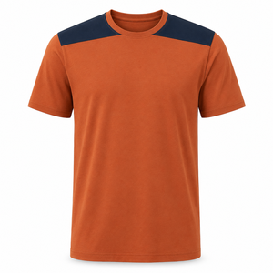 Camiseta de Algodón con Cuello Redondo Color Naranja Óxido Personalizada con Paneles en los Hombros Color Azul Marino, Ropa Casual para Hombre, Proveedor Mayorista - Product Image 1
