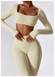 Women Yoga Set Solid Green 2 Piece High Waist Flared Leg Pants <b>Square</b> <b>Neck</b> <b>Long</b> <b>Sleeve</b> Crop <b>Top</b> Seamless Workout Clothes - Product Image 4