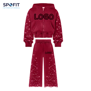 Stacked Streetwear Solid Sweatsuit Distressed Embroidery 100% Cotton <b>Fleece</b> 400 GSM Heavy Weight Rhinestone Tracksuits Wash - Product Image 2