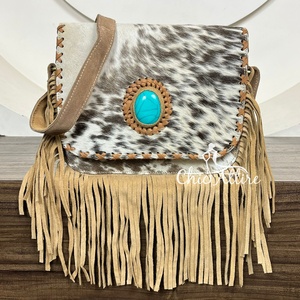New Western Style Hair on Hide Fur Suede Leather Fringe <b>Bag</b> High Quality <b>Boho</b> Women Leather Shoulder <b>Bag</b> With Turquoise Stone - Product Image 1