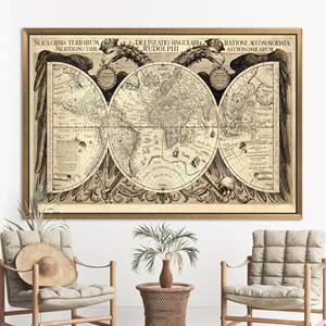 Toile imprimée avec carte du monde vintage : design élégant, artistique, plat, 1P : encadré or - Product Image 1