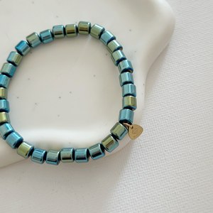 สร้อยข้อมือสแตนเลสทันสมัยพร้อมลูกปัดทรงกระบอกสีฟ้าสีเขียวเมทัลลิกสำหรับปาร์ตี้ - Product Image 2