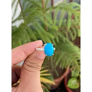 Natural Turquoise Moissanite <b>Ring</b> 925 Sterling Silver Handmade Fine Gemstone Jewelry Wholesale Supplier - Product Image 2